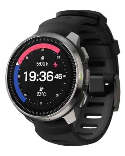 Schwarze Sportuhr mit Silikonarmband, Display zeigt Uhrzeit 19:36 und 23 °C, weißer Hintergrund