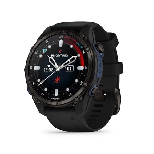 Schwarze Garmin Descent MK3i Taucheruhr mit Silikonarmband, Schrägansicht vor weißem Hintergrund
