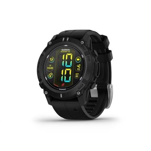 Schwarze Garmin Descent G2 Smartwatch mit Silikonarmband, Schrägansicht vor weißem Hintergrund