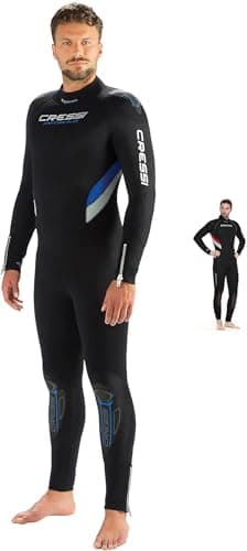 Mann in schwarzem Cressi-Neoprenanzug mit blauen Details, kleines Zusatzbild mit Rückansicht