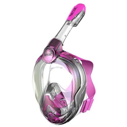 Vollgesichts-Schnorchelmaske in Pink und Transparent mit Schnorchel und Kopfband, Schriftzug Seac, weißer Hintergrund