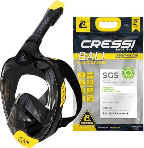 Cressi Bali Vollgesichtsmaske in Schwarz-Gelb neben Verpackungsbeutel mit SGS-Prüfzertifikat, weißer Hintergrund